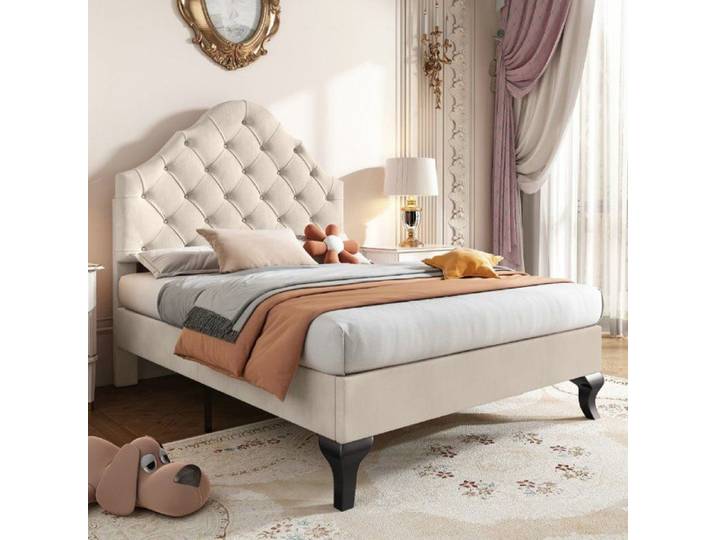Lit simple - Lit capitonné - Velours beige - 90 x 200 cm - Avec tiroirs
