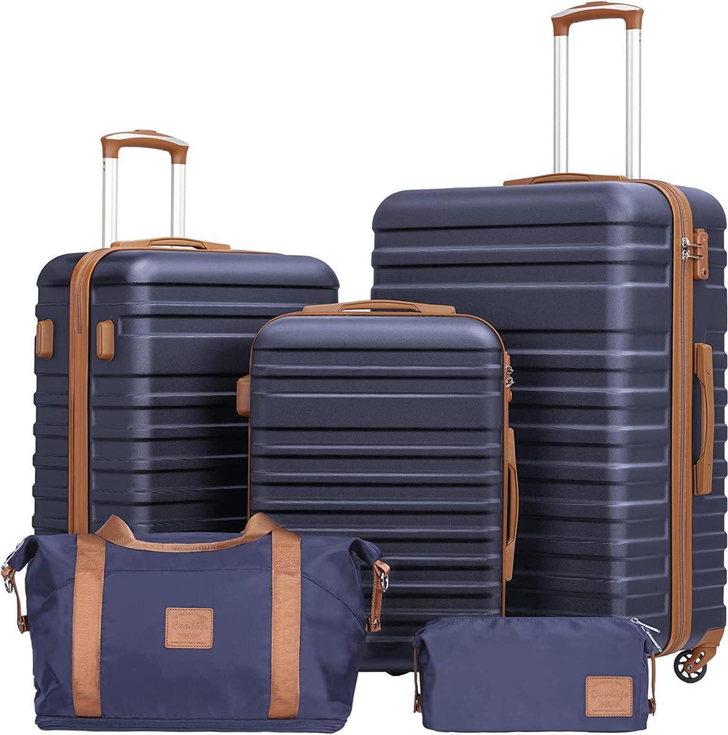 COOLIFE Koffer Trolley 5tlg Hartschalen Koffer Blau/Braun ABS TSA-Schloss