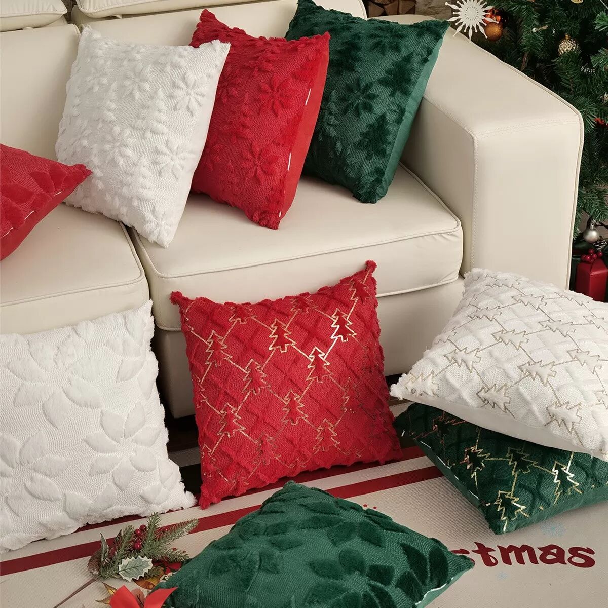 INF Housse de coussin de Noël festive - Étui de coussin doux et moelleux pour les fêtes Blanc