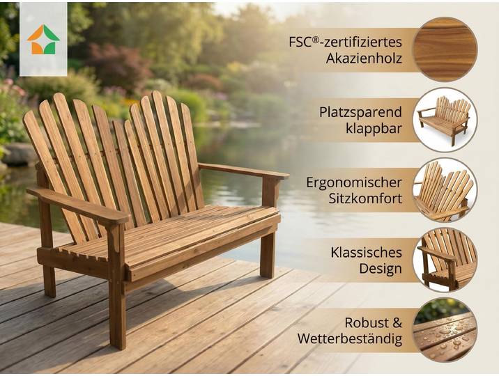 2-Sitzer Adirondack Gartenbank aus Akazienholz, ca. 125 x 80 x 94 cm – Braun