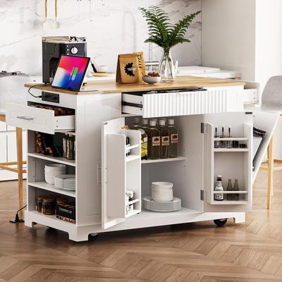 Cusp Barn "48"" Kitchen Island with 3 Drawer, Rolling Kitchen Carts on 5 Wheels with Trash Can Storage Cabinet for 10 Gallon Garbage Bin"