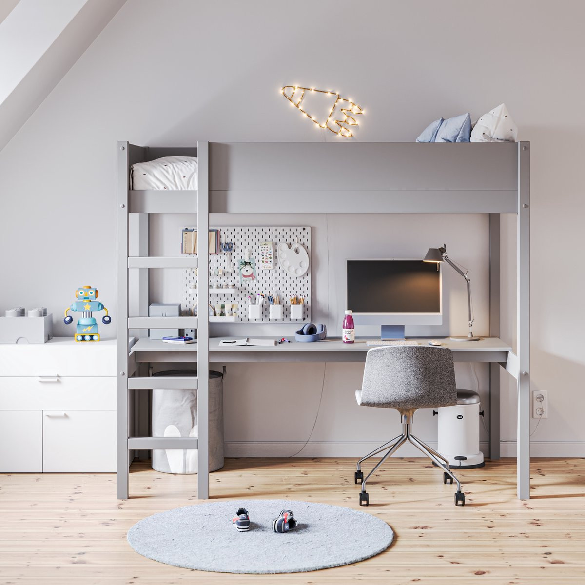 Sommet Collectie Petite Amélie Kinderbed - Hoogslaper met bureau - Grijs - Ligoppervlak: 200 x 90 cm, Hoogte: 180 cm