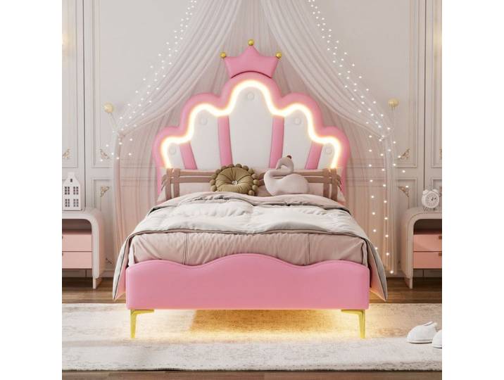 Lit enfant - Lit de princesse couronne - 90x200 cm - Similicuir - LED intégrée - Rose-blanc