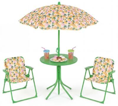 Costway Kids Outdoor Table and Chair Set with 2 Folding Chairs and Height Adjustable Umbrella-Beige