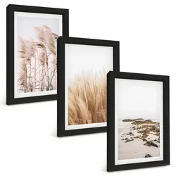 BILDER SET 3er Set - 20x30 cm Schwarzer Rahmen - Pampasgrasfelder und ein Boho-Strand