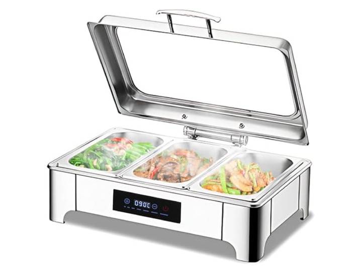VFDZ Chafing Dish Elektrisch 9L (B, 1/3 PAN) Catering Warmhaltebehälter Smart-Temperaturanpassung, Rechteckiger Chafing Dish Set Speisenwärmer mit Sichtbarem Glasdeckel