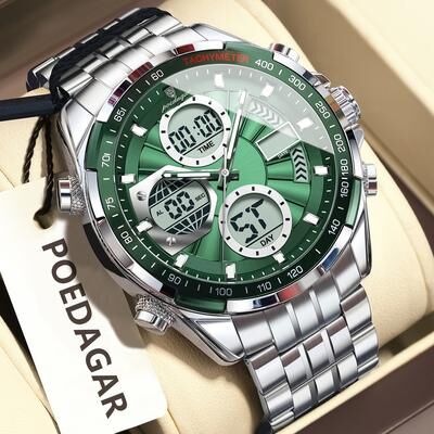 Youfap Market Men Waterproof LED Digital Watch Dual Time Stainless Steel Luxury Quartz Watch silver Green