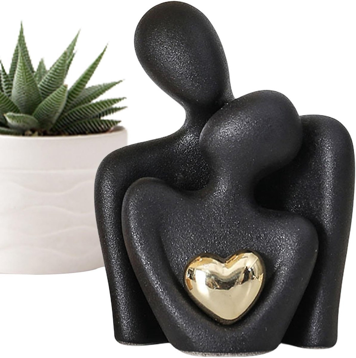 Liefdespaar Beeldjes - Abstract Keramisch Koppel Sculptuur - Zwart - B/D/H: 10 x 10 x 4,6 cm