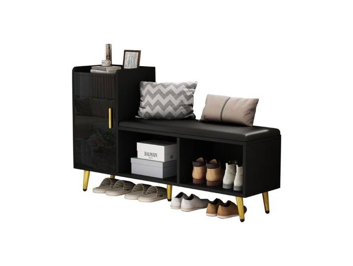 Meuble À Chaussures Noir Brillant 120x35x71.5cm Multi-niveaux Avec Siège Rembourré Et Accessoires Dorés Pour Entrée Et Couloir