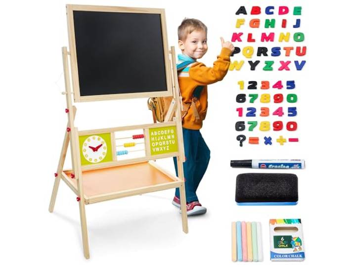Mamabrum Tableau Enfant en bois 98 x 45 x 42 cm double face magnétique et craie - Tableau Blanc Magnétique - Chevalet Enfant avec Montre\, Alphabet\, étagère de rangement et accessoires