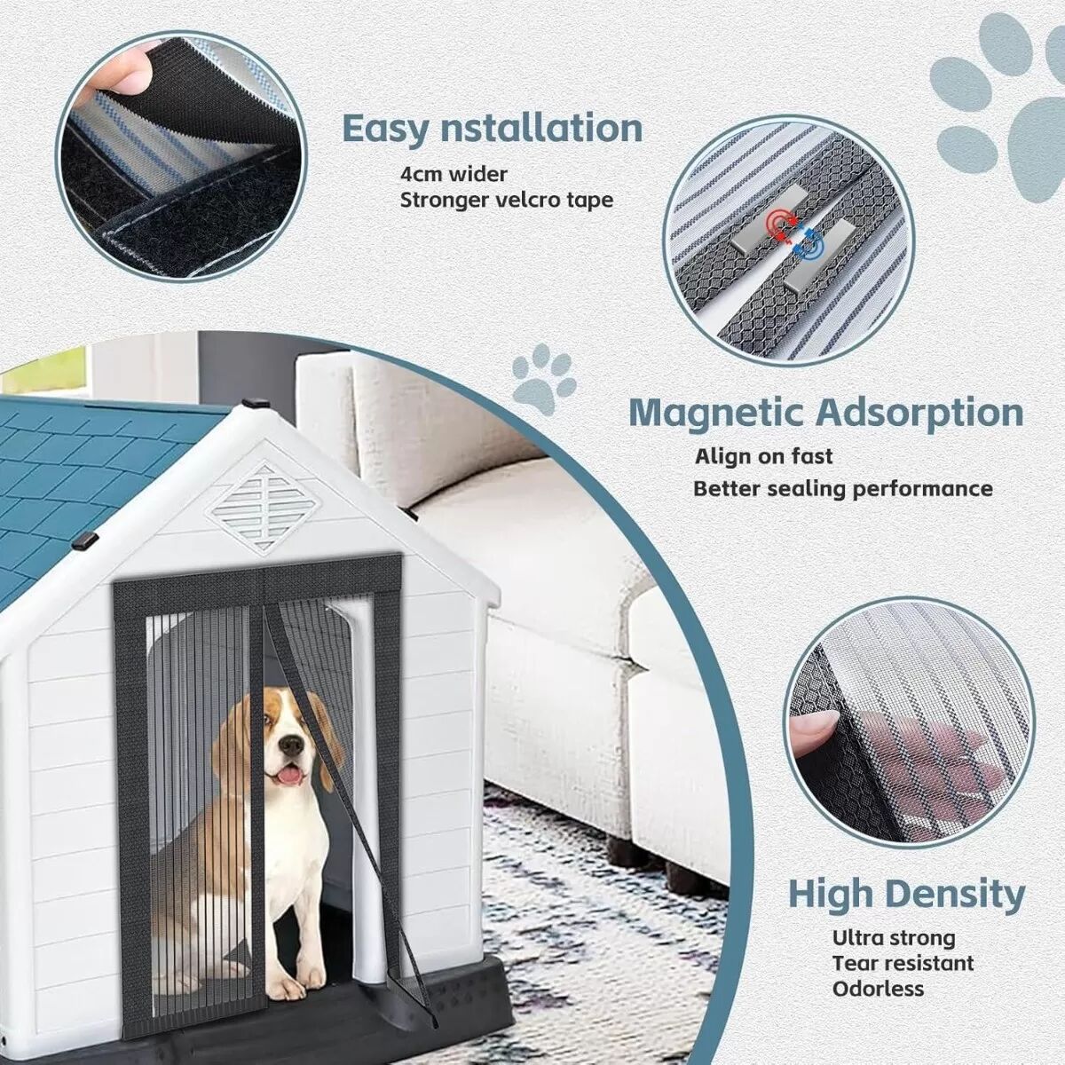 INF Rideau Magnétique Pare-Moustiques pour Maison d'Animal - Polyester Noir, Autofermant Sans Perçage, Maillage Ventilé