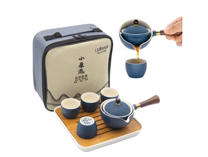 Lurrier Chinesisches Gongfu-Teeset aus Porzellan, Teekannen-Set mit 360 Grad drehbarem Teebereiter und -sieb, tragbar, Alles-in-Einem-Geschenktasche für Reisen, Zuhause, Outdoor, Büro, Blau