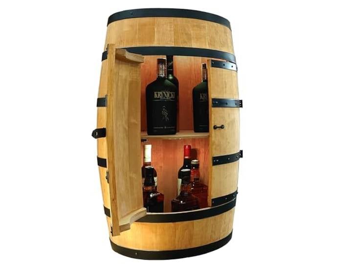 CREATIVE COOPER Weinregal Holz mit Tür mit LED - Alkoholschrank Flaschenregal Holz - Holzfass - Fassmöbel - Weinständer - Weinfass - Weinbar - Fass bar mit Tür - minibar 80 cm High (Eiche)