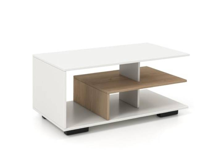 Helloshop26 Geometrischer Couchtisch mit zentralem Regal, 90 x 50 x 42 cm, 3 Etagen, modern, aus Holz, Naturweiß, 20_0013754