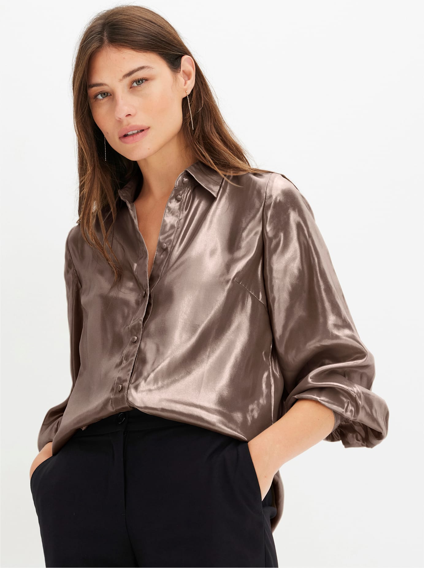Satinbluse INSPIRATIONEN, Damen, Gr. 38, braun (sesam), 100% Polyester, unifarben, Blusen Satinbluse sesam 38