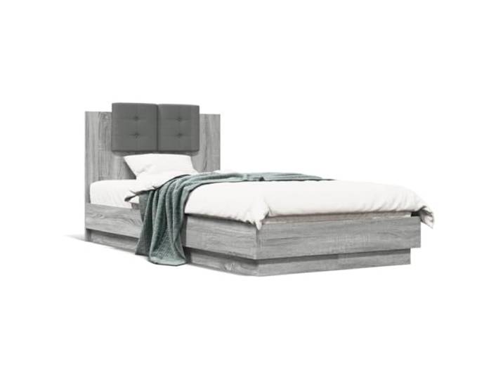 PUGYNBK Bett mit Kopfteil aus technischem Holz, Sonoma, Grau, 75 x 190 cm Lattenrost inklusive, gepolstertes Kopfteil aus Schaumstoff, stabile Unterstützung für Matratze