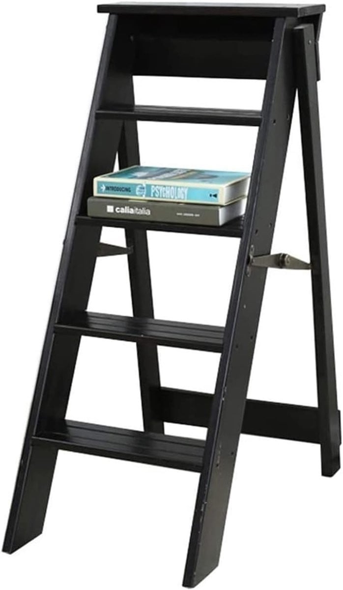 Opvouwbare 5-traps ladderstoel van massief hout in zwarte walnoot