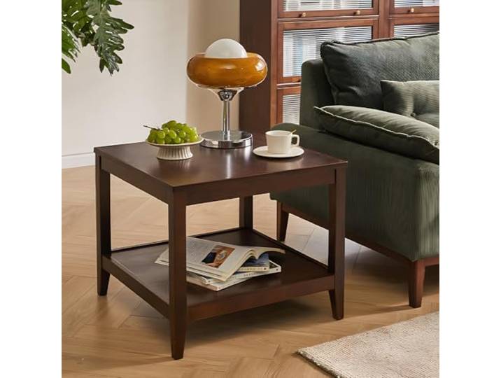 Cttasty Beistelltisch aus Massivholz, Quadratischer Couchtisch mit Ablage, 2-Ebenen Kaffeetisch für Wohnzimmer, Nachttisch aus Gummibaumholz, 60 x 60 x 60 cm (Walnuss)