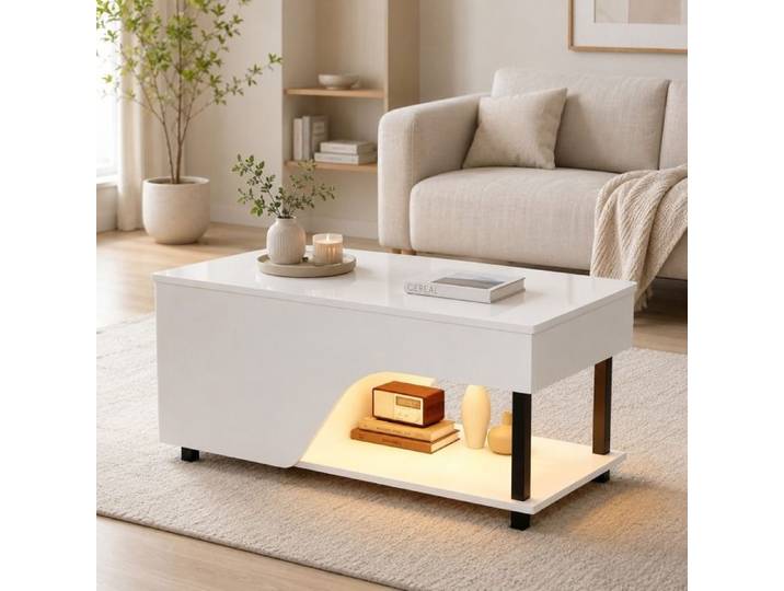 Table basse - LEMLIT - Modèle relevable - Éclairage LED - Rangement Caché - Brillant Blanc