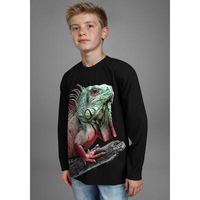 Langarmshirt KIDSWORLD "GECKO, Fotoprint", Jungen, Gr. 152/158, schwarz, Single Jersey, Obermaterial: 100% Baumwolle. Vorderteil: 100% Polyester, bedruckt, Basic, Shirts Langarmshirt, Shirt mit Fotodruck, Gecko