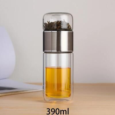 Perfect Picks Market Borosilicate Glass Tea Infuser Water Bottle With Tea Filter Double Layered Tumbler For Hot & Cold Beverages silver