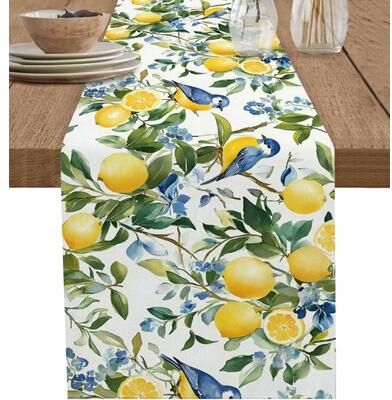 Inspire Select Lemon Tree & Blue Birds Linen Table Runner Vintage Floral Fruit Dining Table Scarf Decor fruit Design 78.7 X 13 In