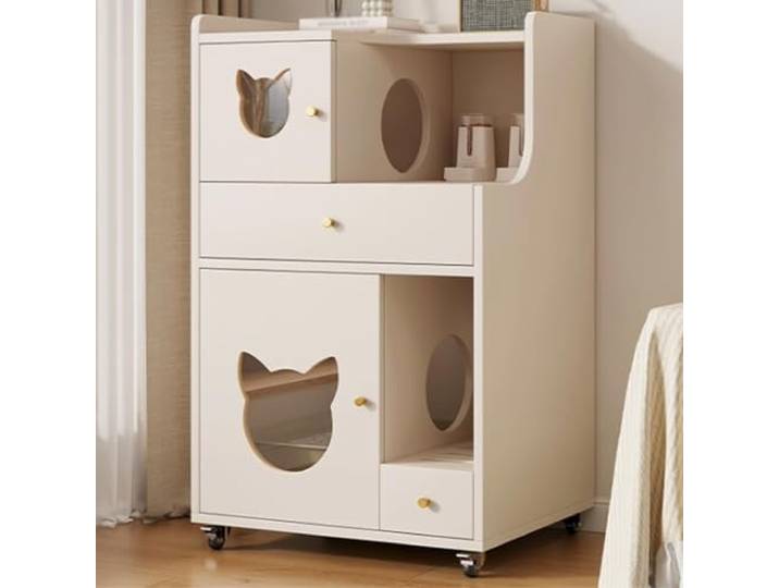 YUGXTH 2-in-1-Möbel for Katzentoiletten, Beweglicher Katzentoilettenschrank Aus Holz mit Aufbewahrungsschublade, Wohnzimmerschrank mit Katzengroßem Loch(Wit,65cm/25.6in)