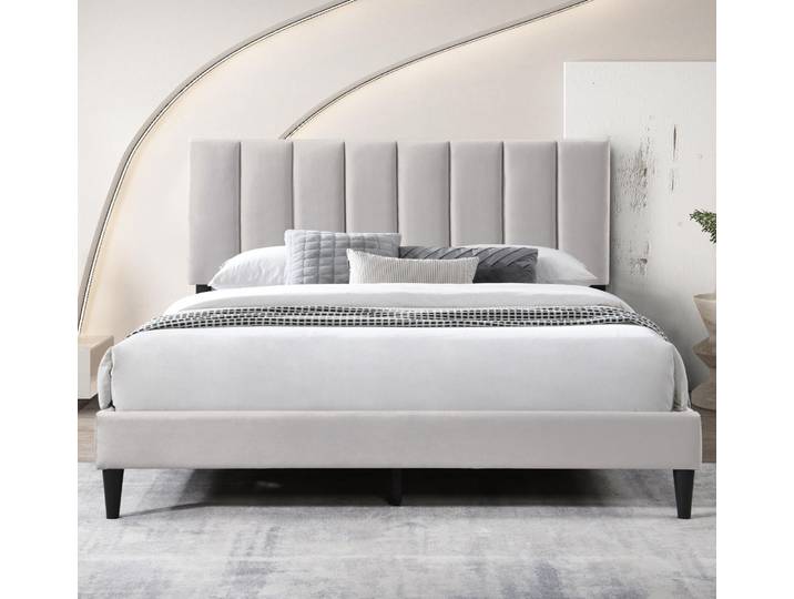 Polsterbett 140x200 und 160x200 cm Doppelbett mit Lattenrost und weichem Bezug, Bettgestell, vertikaler Steppung, 140x200 cm, Beige