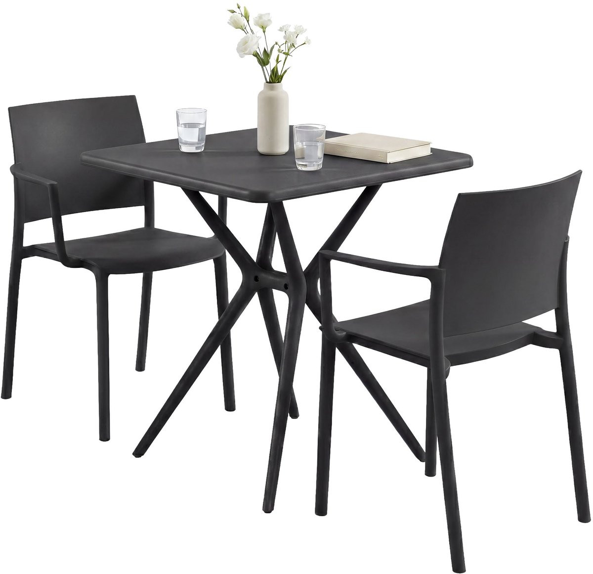 CLP Pula weerbestendige tuinmeubelset met 2 stapelstoelen en bistrotafel, zwart