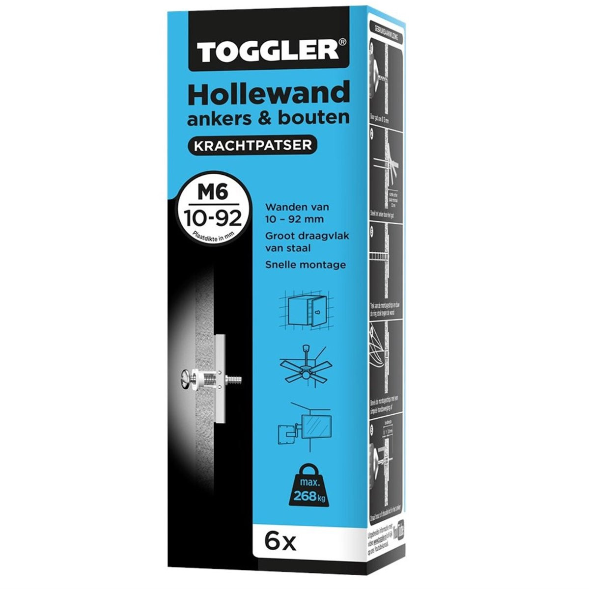 Toggler Hollewandanker M6 met bouten, 6 stuks, voor plaatdikte 10-92mm