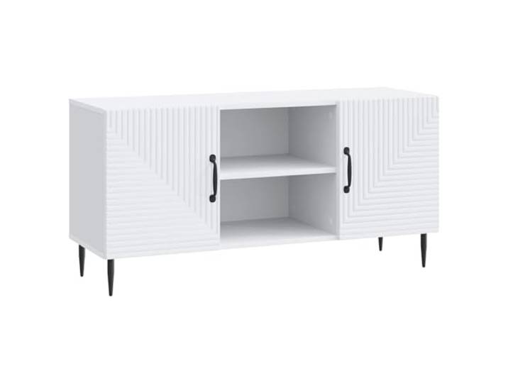 KTHLBRH TV-Schrank weiß 102 x 34,5 x 50 cm aus technischem Holz Verjüngte Metallbeine, verstellbare Regalböden, schwarze Griffe, Vintage-Stil, Wohnzimmer