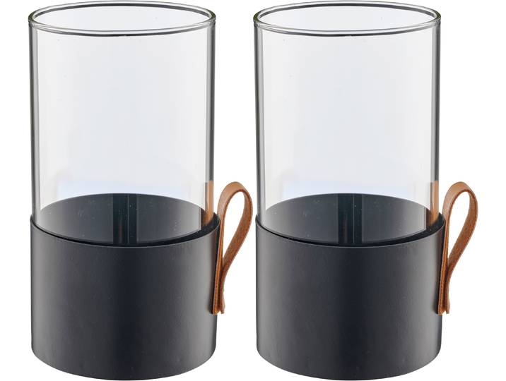 Windlicht CREATIV HOME Windlicht , schwarz, H:16,5cm Ø:8cm, Glas, Leder, Metall, Kerzenhalter, Windlicht, mit Lederhenkel