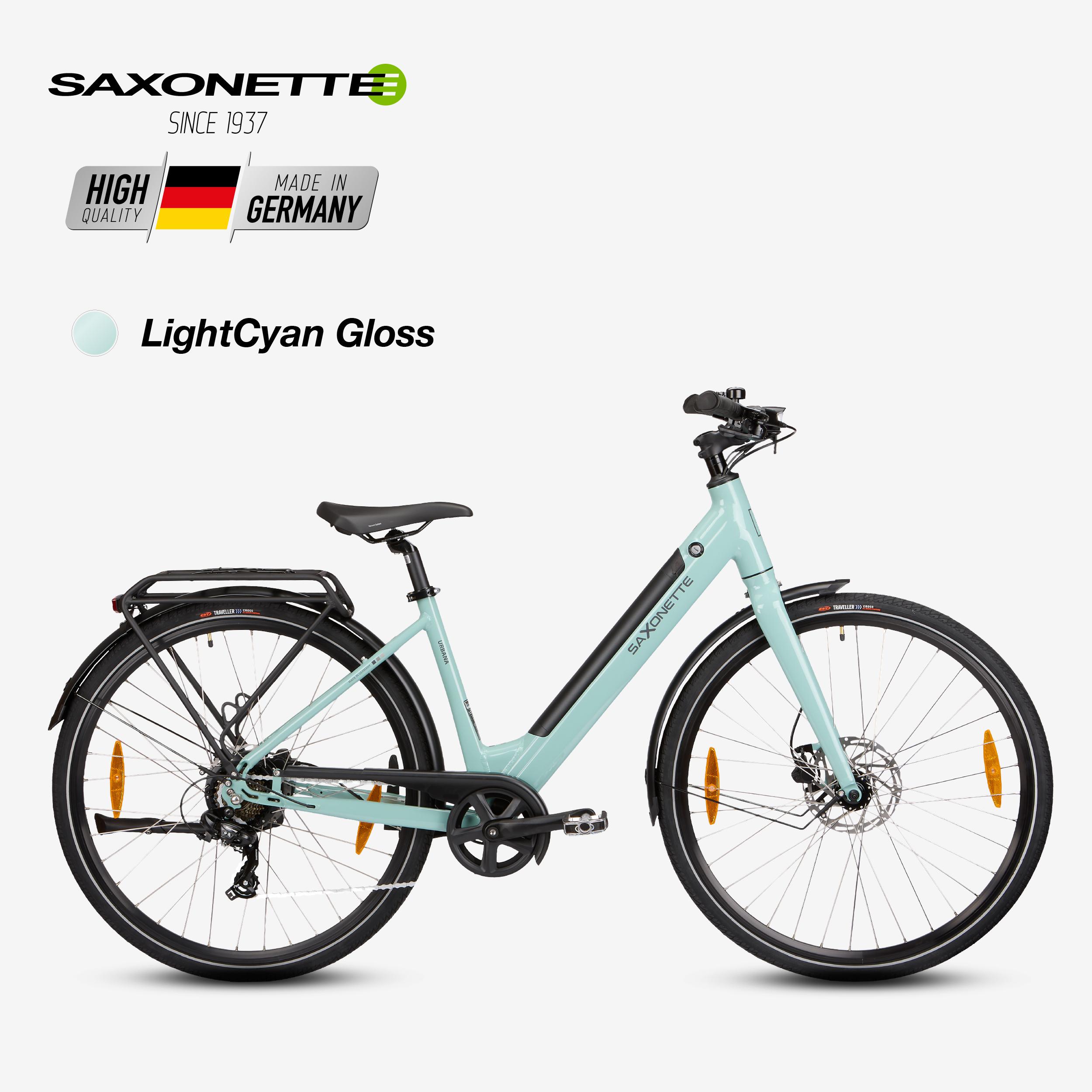 SAXONETTE Urbana 28" E-Bike, SHIMANO 7-Gang Kettenschaltung, 36V 11.6Ah Akku, Elektrofahrrad,RH45 (Light Cyan Gloss)