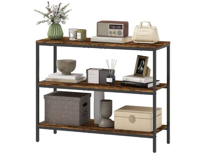 Table basse console - SOGEU - Console 3 étagères - Effet chêne - Structure métal noir - 101x35x80 cm