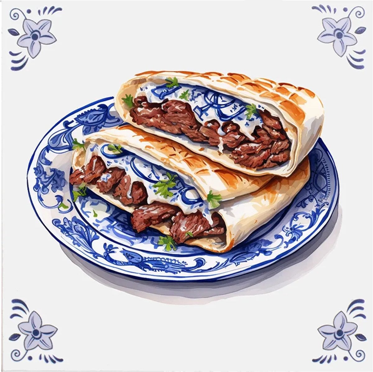 Delfts blauw wandbord met broodje kebab design van Hogenkamp Klompen & Souvenirs