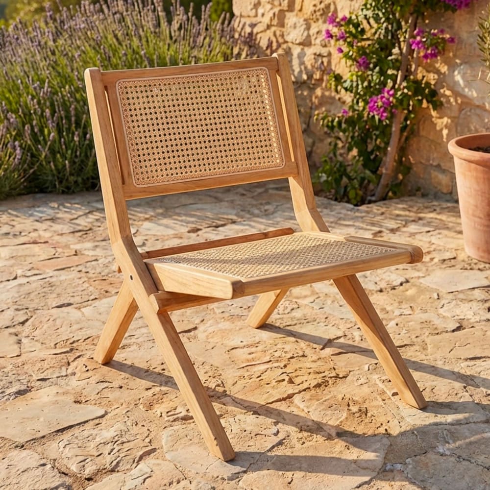 Menzzo Fauteuil pliant bois massif naturel et cannage en rotin Marron 52x73x79cm