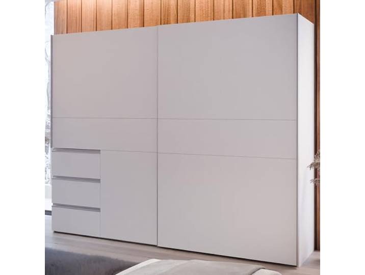 FORTE Winn 2 moderner Kleiderschrank 250, Schrank mit 2 Schwebetüren und 3 Schubladen, Holzwerkstoff, Weiß, 249 cm breit, 200,5 cm hoch, 61 cm tief
