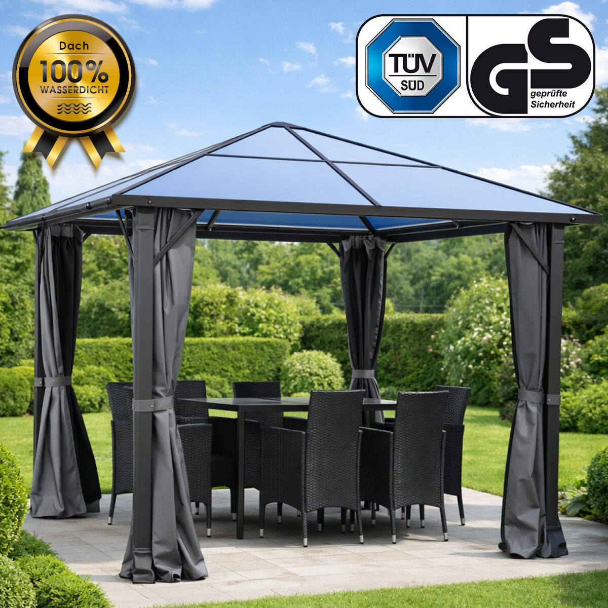 Brast Alu Pavillon PREMIUM mit festem Dach 3x3m grau