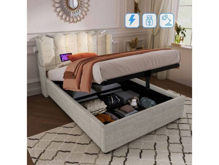 Lit rembourré avec lampe de lecture - DINKALEN - 90x200 cm - Tissu en lin gris - Lampe de lecture intégrée - Prise USB