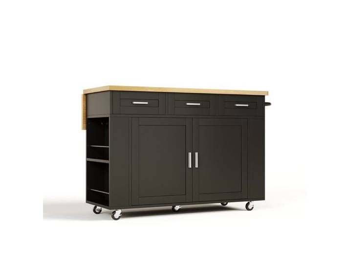Îlot central de cuisine mobile – plan de travail rabattable – MDF – noir et bois naturel