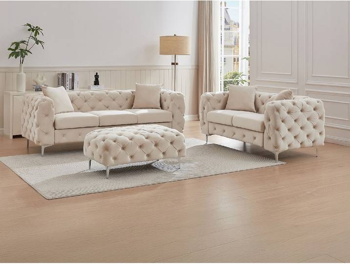 Canapé 3 places, 2 places et pouf chesterfield en velours beige EDWINA