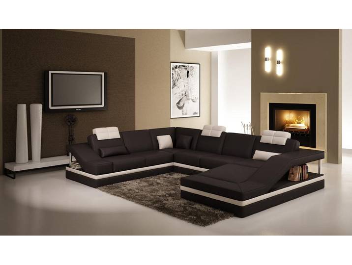 JVmoebel Wohnlandschaft Designer U-förmige Wohnlandschaft aus Leder in Hellbraun/Schwarz, Made in Europa