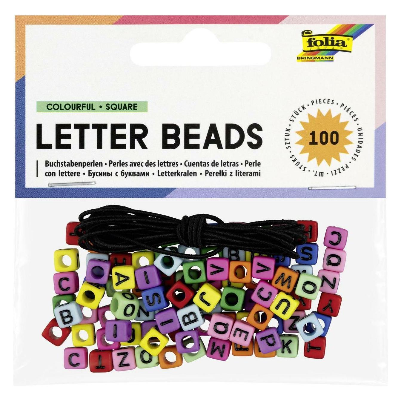 Folia Buchstabenperlen, eckig, 100 Stück, farbig sortiert, inkl. 1m Gummiband (FO33914)