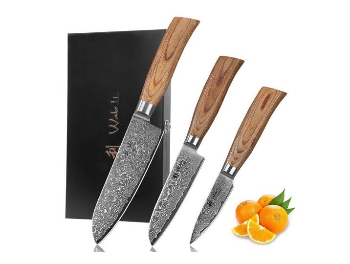 Wakoli Messer-Set Edib Pro 3 Damastmesser Küchenmesser 8-16 cm Klingen Pakkaholzgriffe (Damastmesser mit Holzbox, 3-tlg., 3er Damastmesser-Set mit Holzbox), Aus 67 Lagen Damaststahl, VG-10 Stahlkern