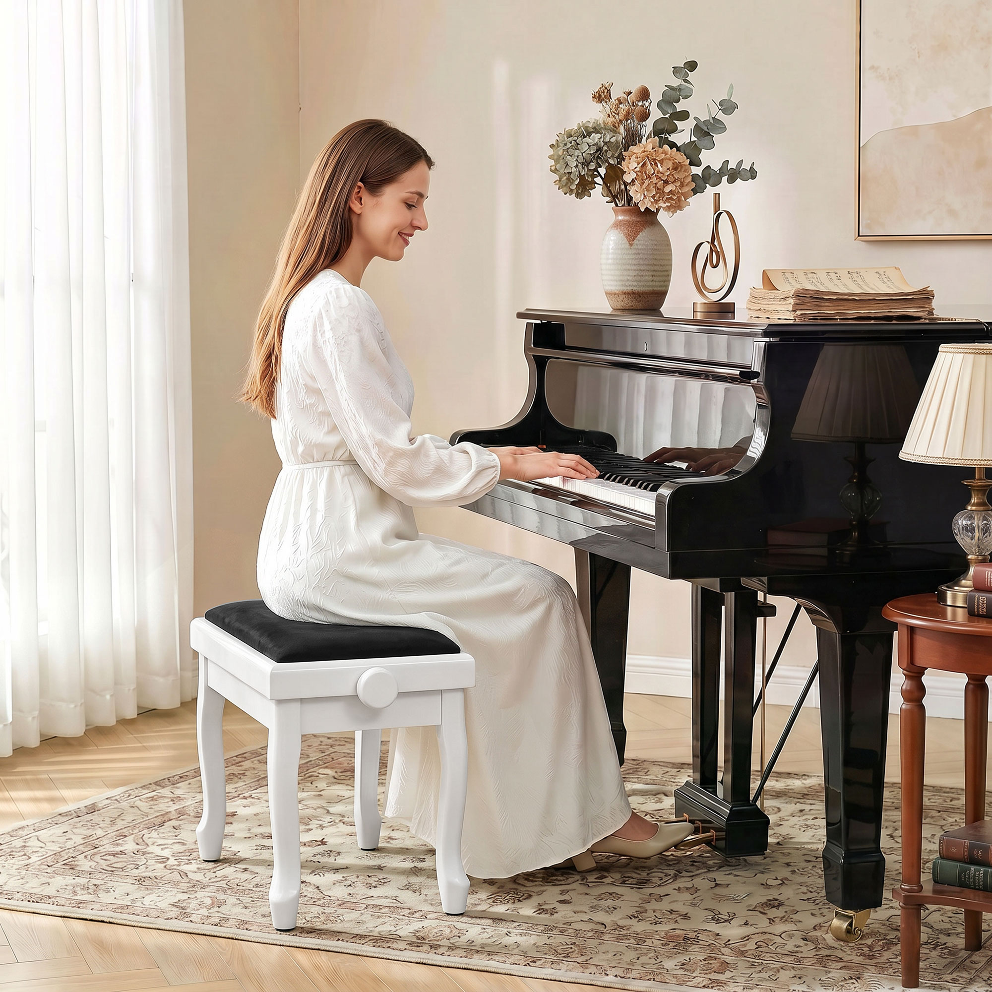 Homcom Panca per pianoforte regolabile 45-56 cm con seduta in velluto, bianco   Aosom Italy