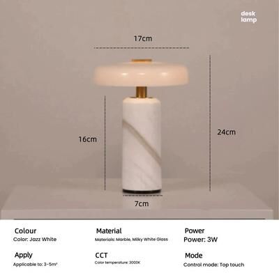 Inspired Living Luxury Rechargeable Table Lamp With Glass Shade & Marble Base USB Warm Light Ambient Bedside Lamp white