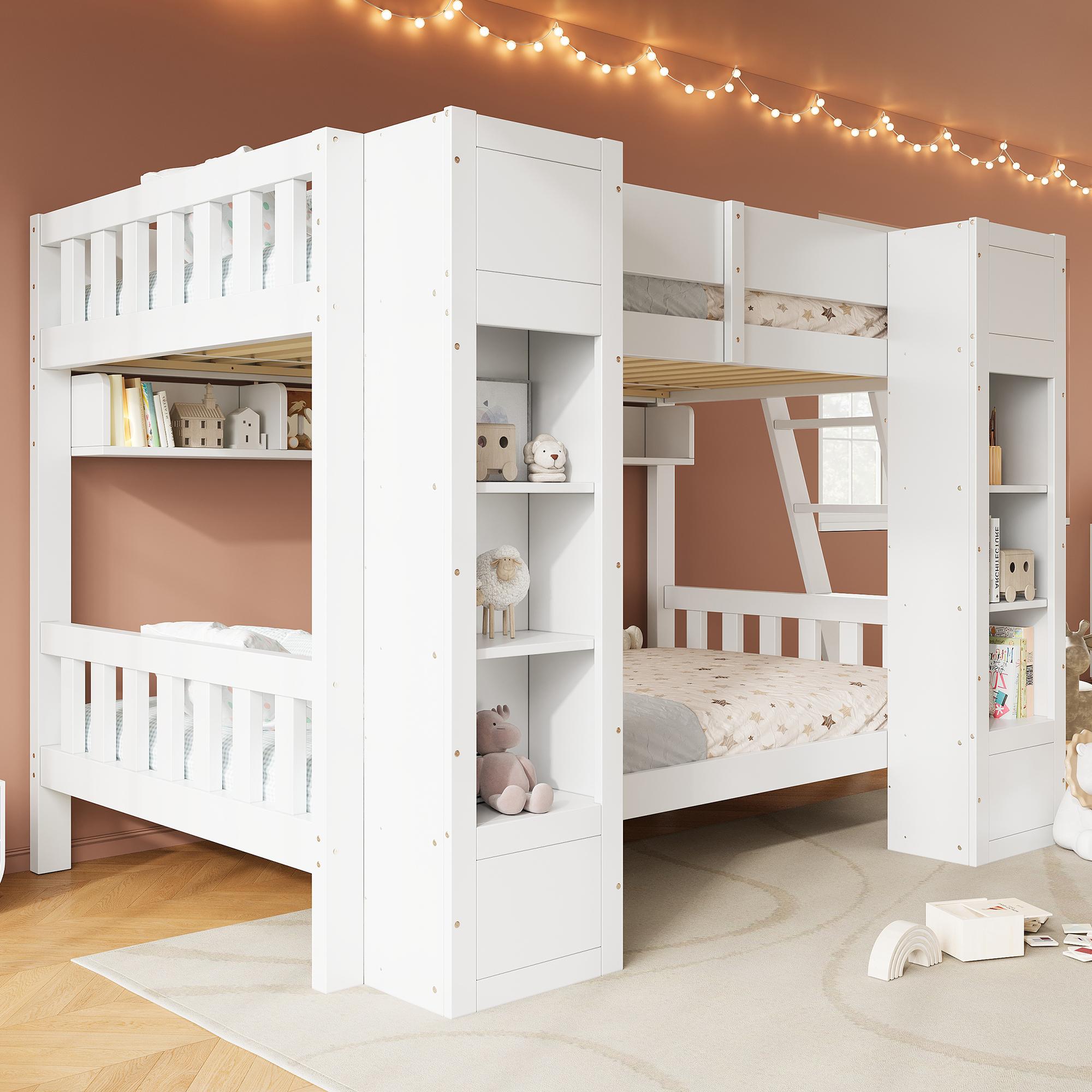 okwish Jugendbett 90×200 mit 2 Frontschränken, Etagenbett mit Sicherheitsgeländer, Doppelbett in Weiß, ohne Matratze