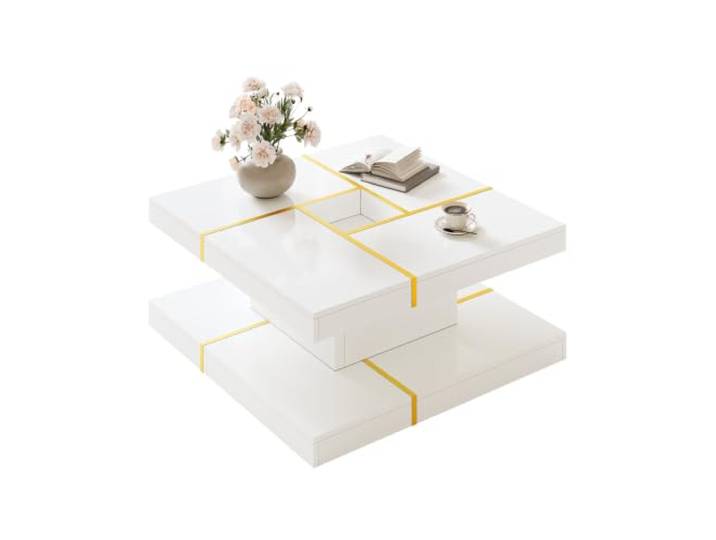 XINGNING Quadratischer Kaffeetisch Aus Spanplatte Mit Gestuftem Design Goldenen Metallakzenten Und Praktischer Mittlerer Ablage Modern