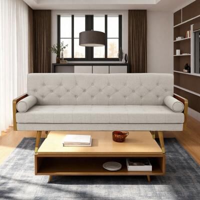 "72.25"" Fabric 3-Seater Mid-Century Modern Sofa with Button Tufting and Gold-Tipped Legs"