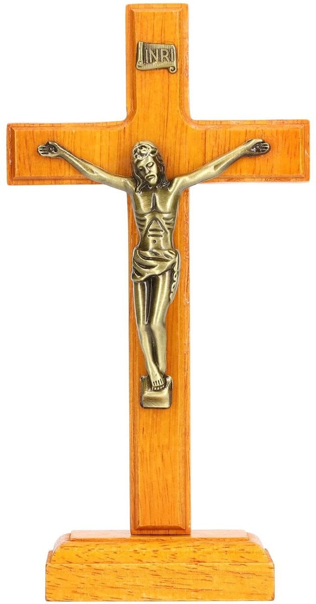 Dailygoods Kruisbeeld Staand - Houten en Metalen Jezus Crucifix - Hoogglans Gepolijst Decoratie voor op Tafel